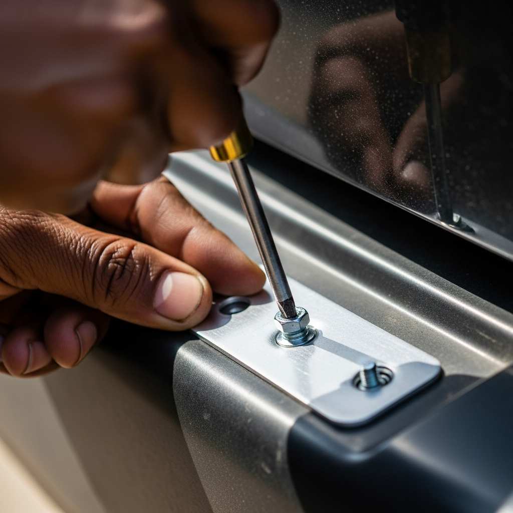 A technician using a screwdriver to attach a metal identification plate to a vehicle's rear bumper