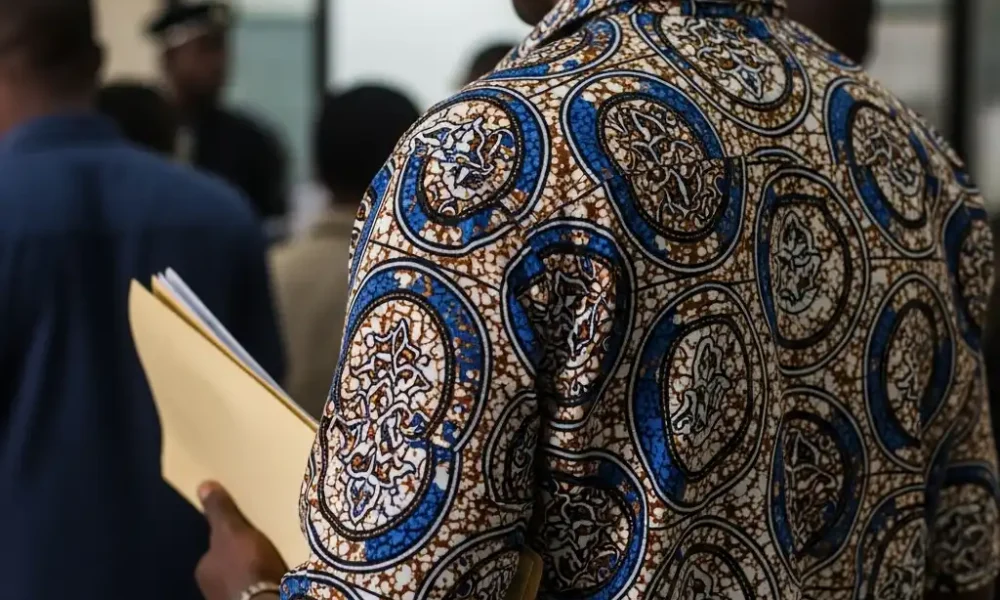 Man in Ankara shirt waits in line at FRSC office.