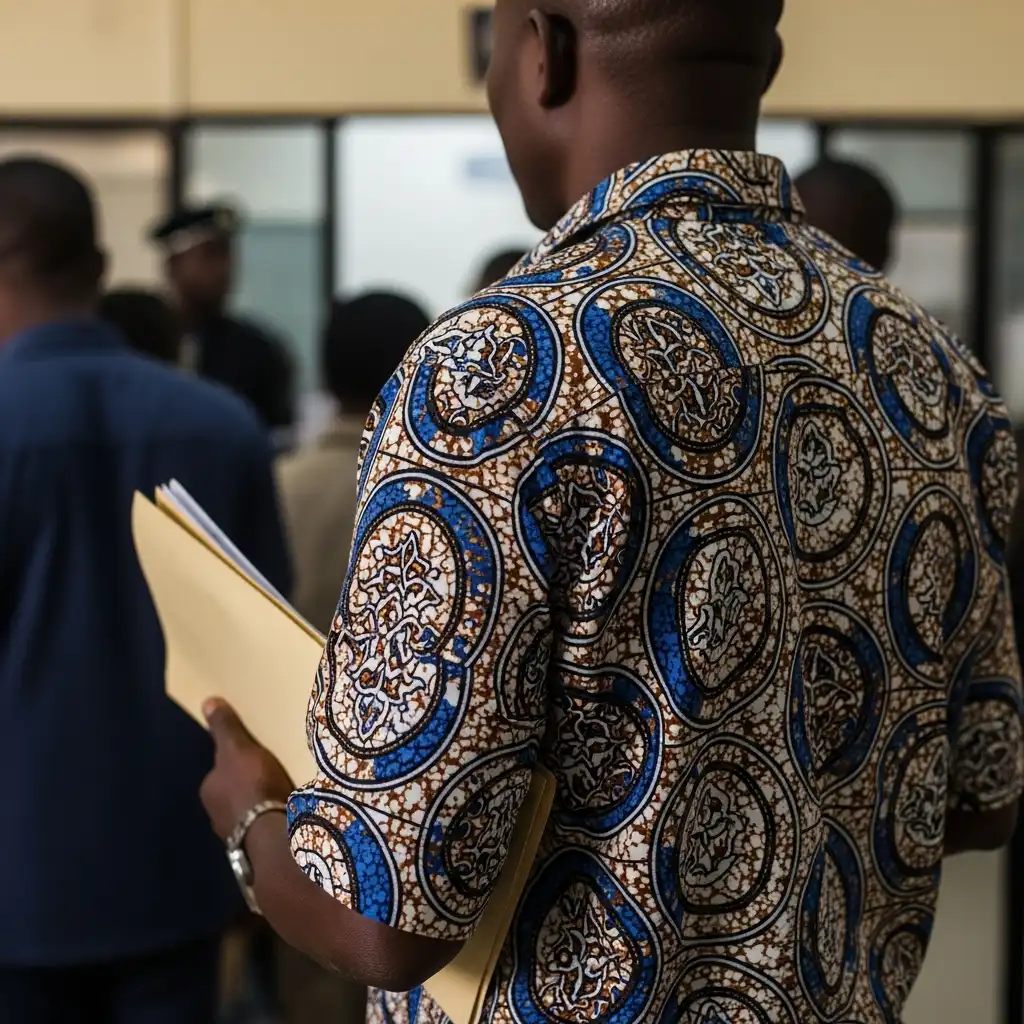 Man in Ankara shirt waits in line at FRSC office.