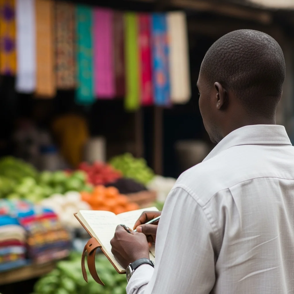 Man in Lagos market taking notes.