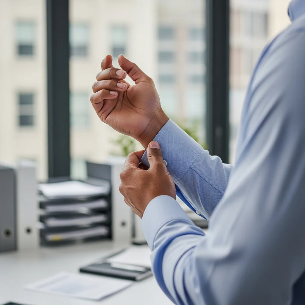 Hands adjust sleeve in office.
