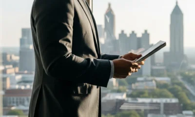 Tope Awotona in office, Atlanta skyline blurred.