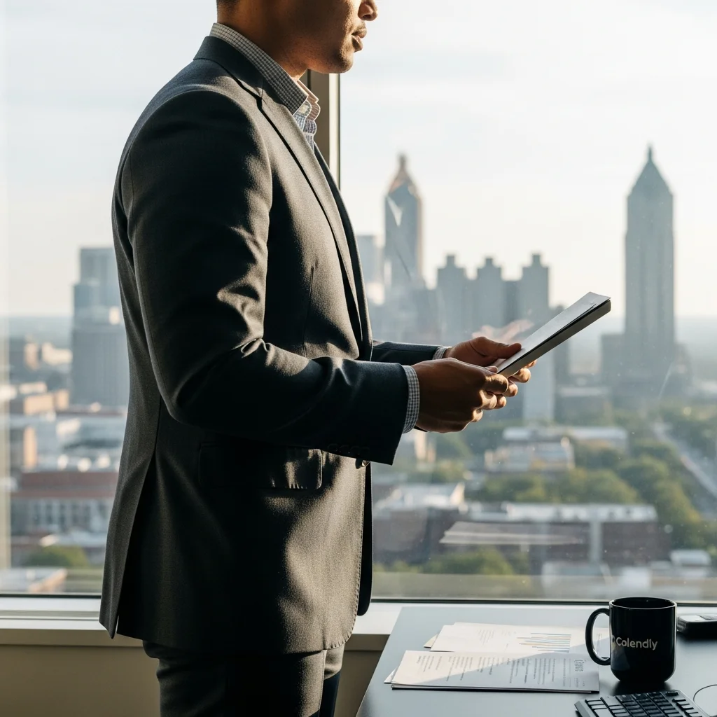 Tope Awotona in office, Atlanta skyline blurred.