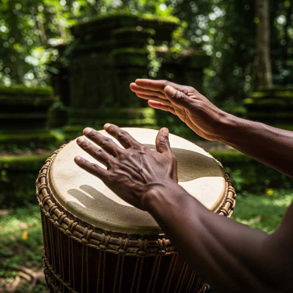 Hands playing a traditional drum in a sun-dappled forest