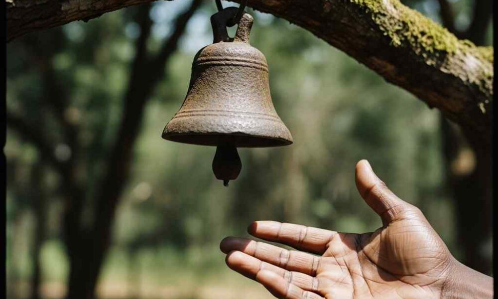 Close-up hand touching an iron bell hanging mossy tree branch forest