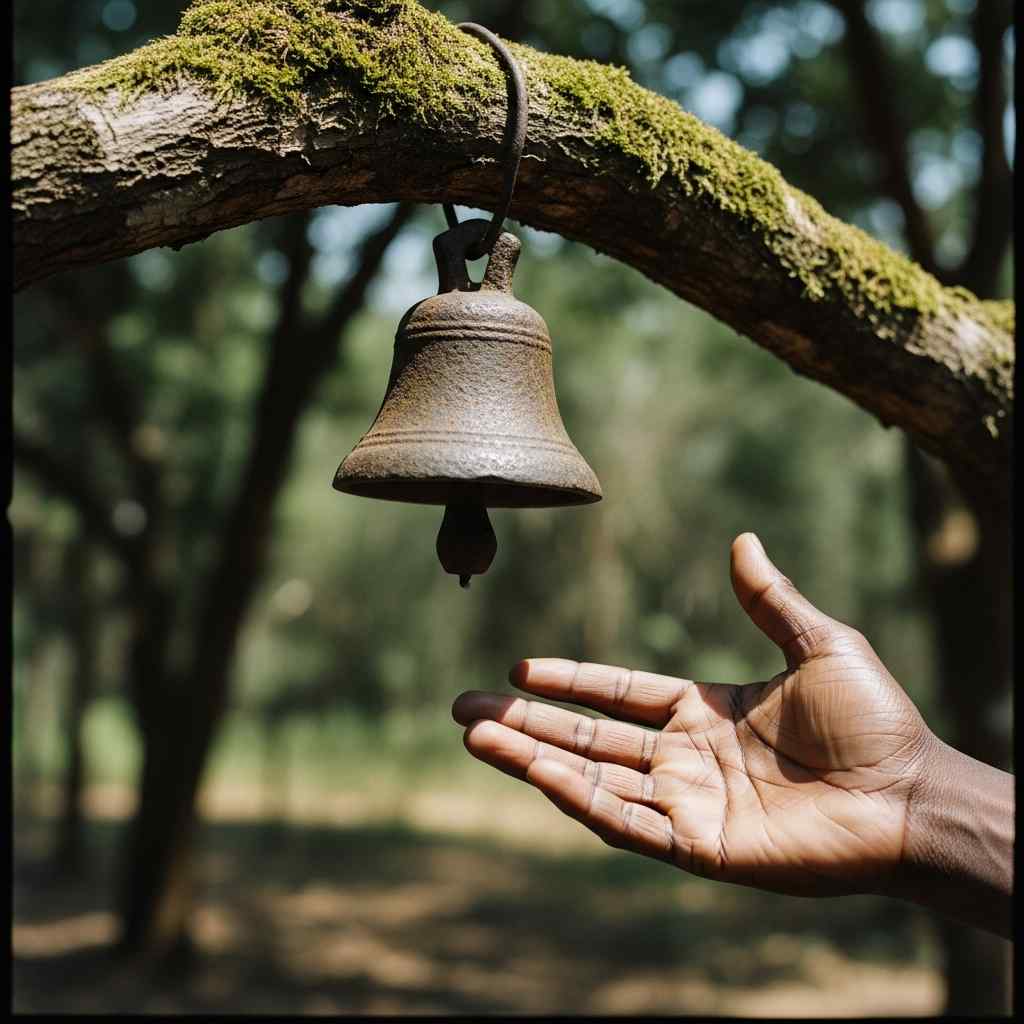 Close-up hand touching an iron bell hanging mossy tree branch forest