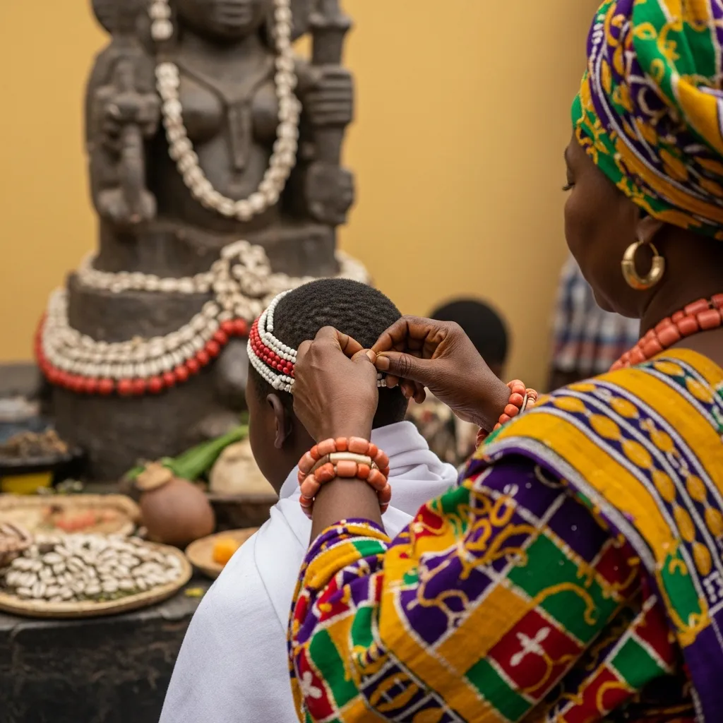 Iya Osun adjusts beads on initiate.