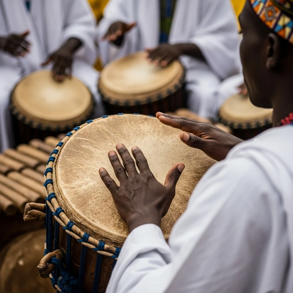 Close-up of worn drum, hands touching it, blurred figures in background.