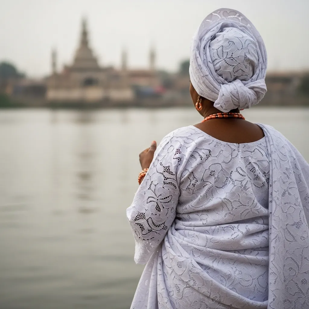 Woman in white gown at Osun River.
