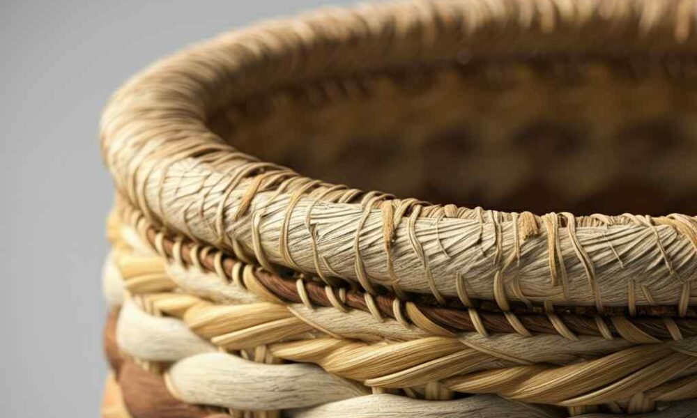 Woven basket with brown and beige patterns