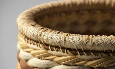 Woven basket with brown and beige patterns