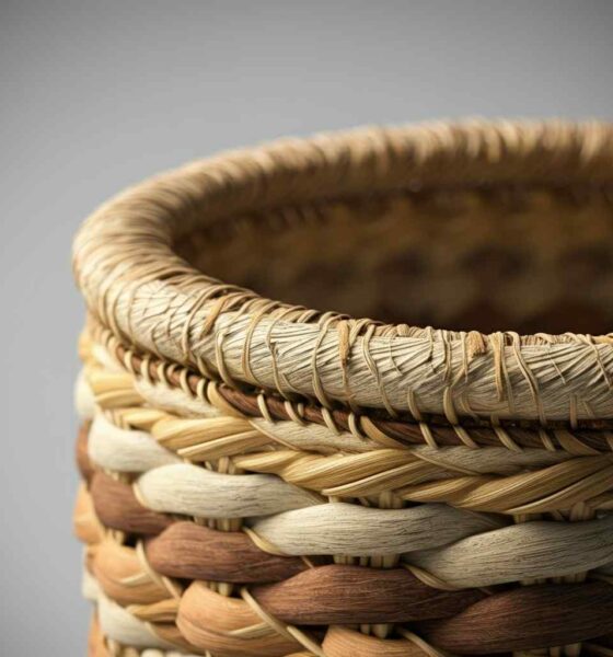 Woven basket with brown and beige patterns