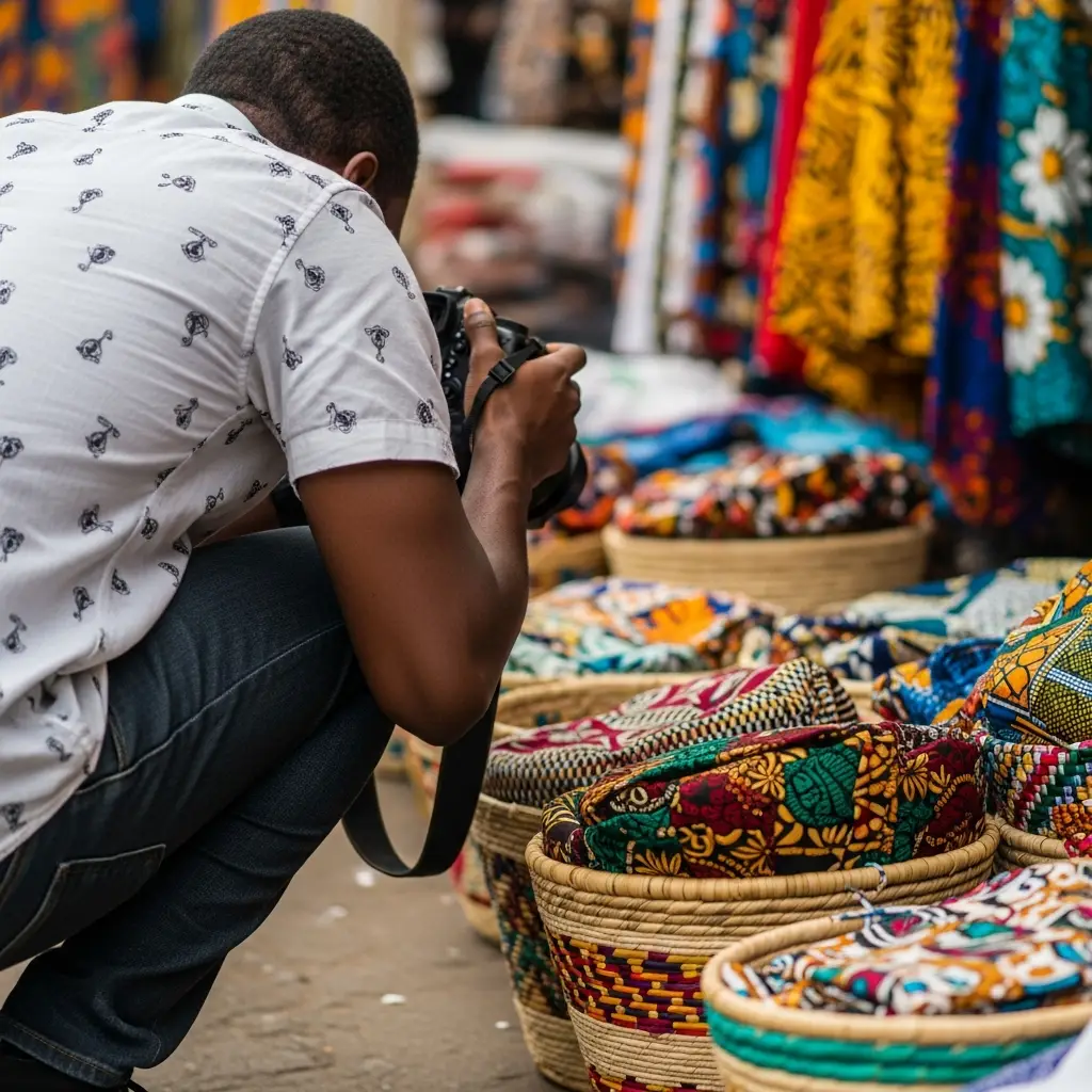 Photographer in a Lagos market focuses on woven baskets full of colorful fabrics.
