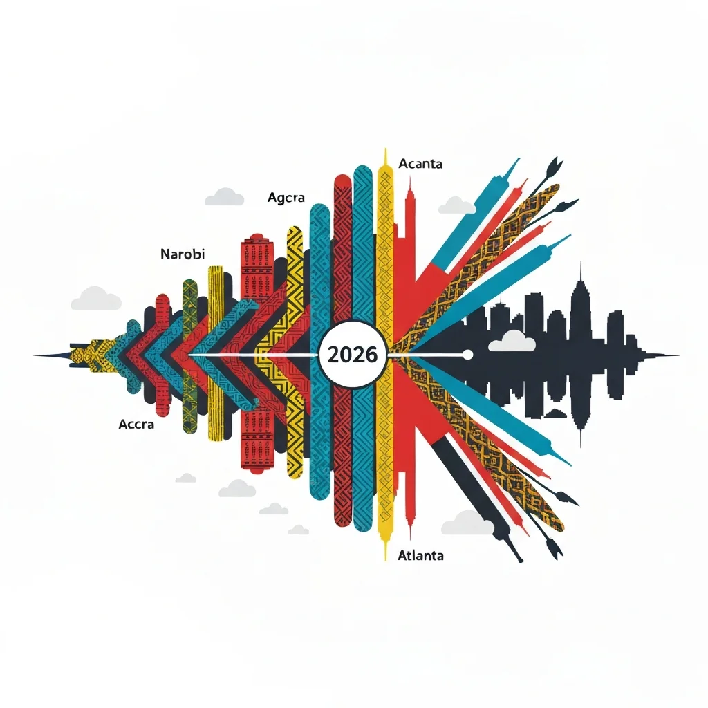 Sound wave merging textiles and city silhouettes.