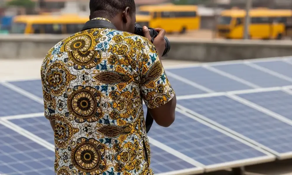 Rooftop scene: Photographer adjusts lens with solar panels and buses afar.