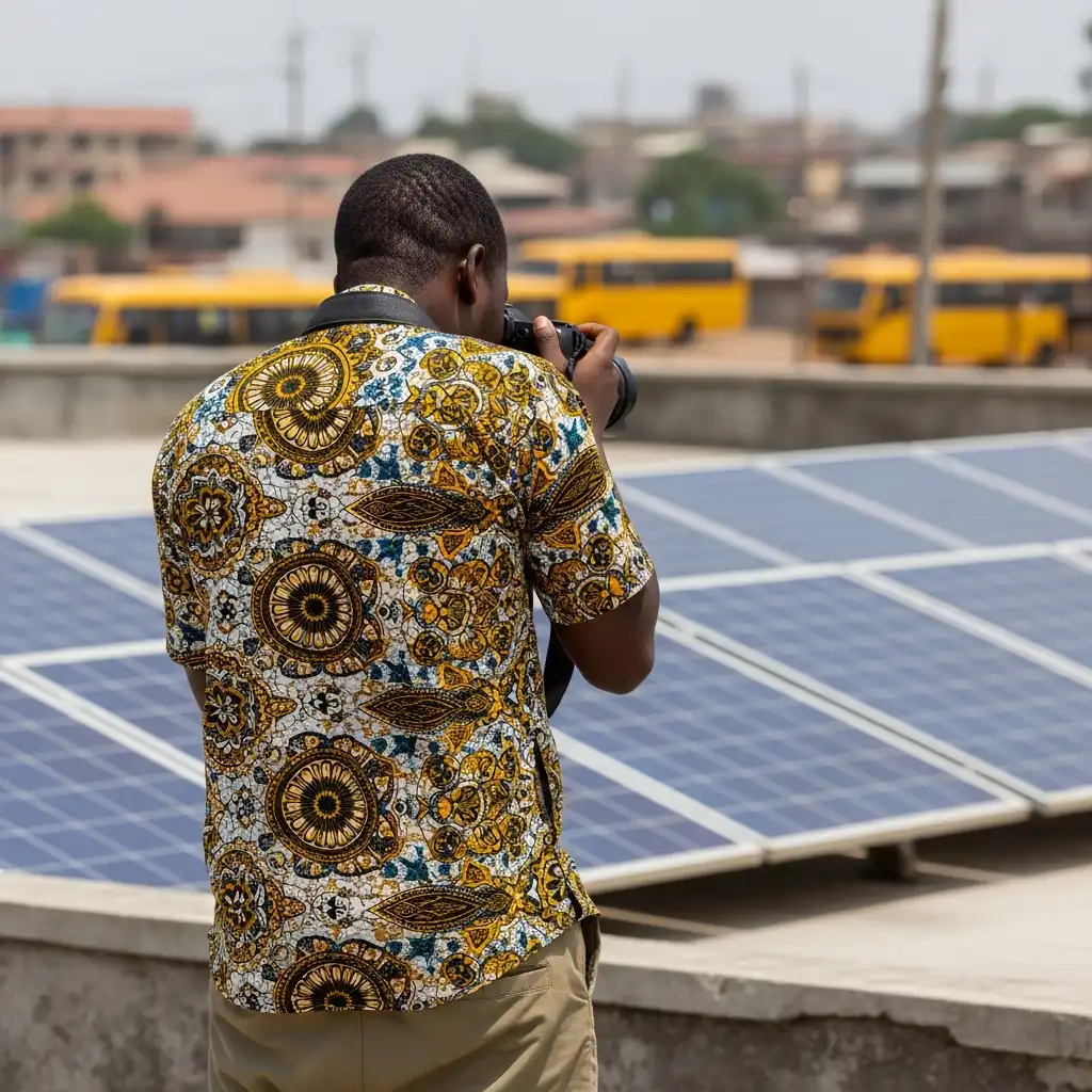 Rooftop scene: Photographer adjusts lens with solar panels and buses afar.