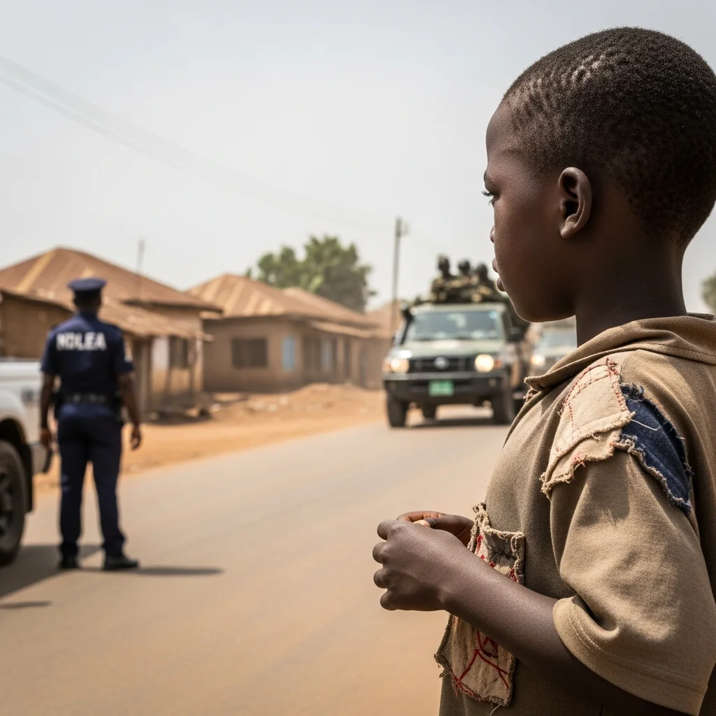Boy watches convoy; NDLEA guard near village.