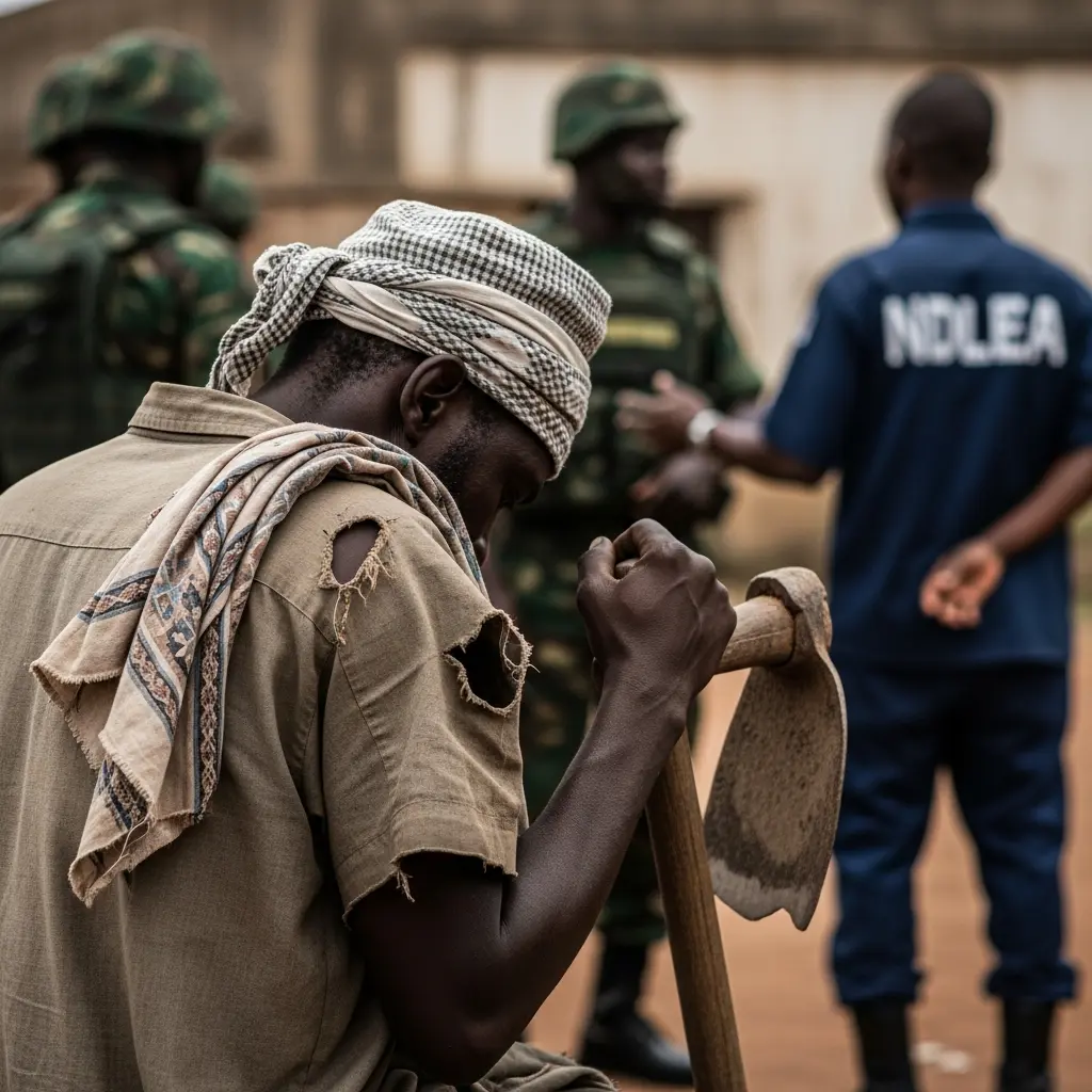 Farmer with hoe, soldiers, fake NDLEA uniform in background.