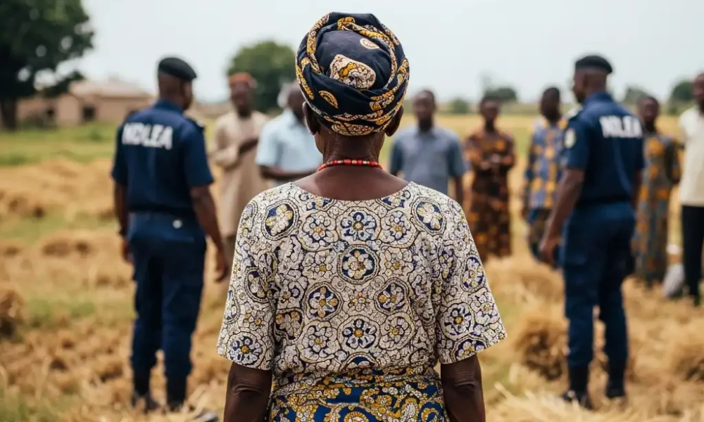 Elderly woman in field; NDLEA figures blur behind.