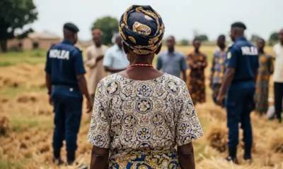 Elderly woman in field; NDLEA figures blur behind.