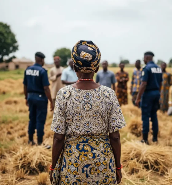 Elderly woman in field; NDLEA figures blur behind.