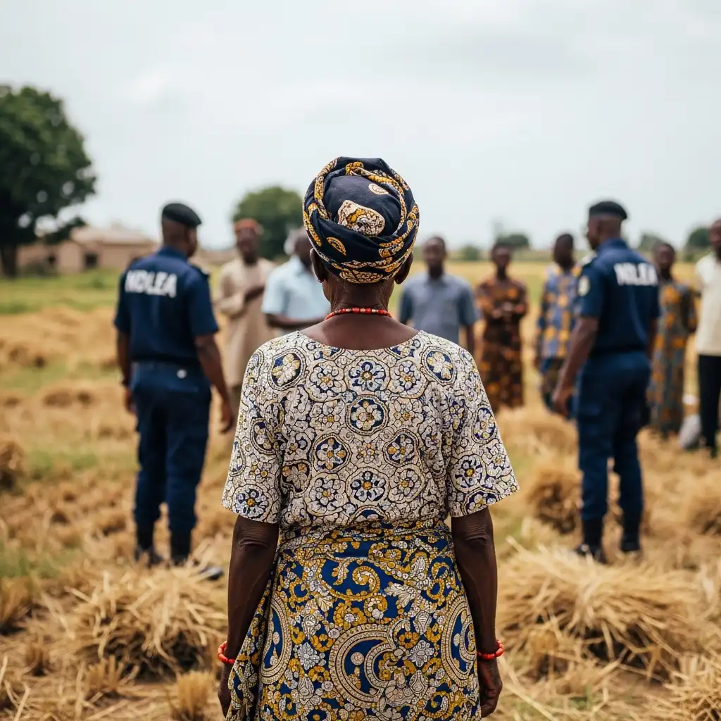 Elderly woman in field; NDLEA figures blur behind.