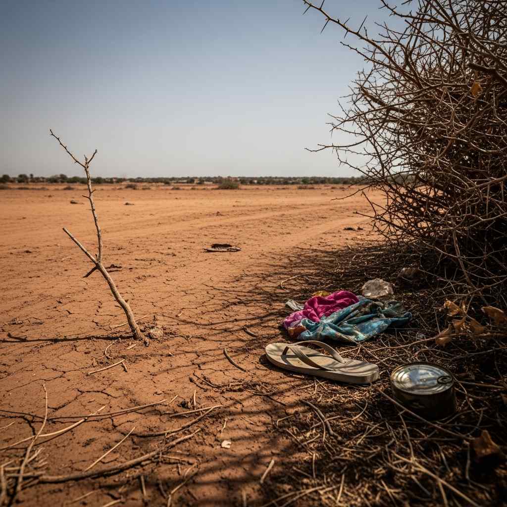 A pair of flip-flops and discarded clothes lie under a thorny bush in a desolate, dry landscape.