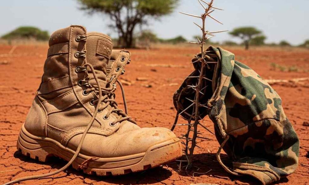 Military boot and camouflage fabric on thorny branch in dry landscape