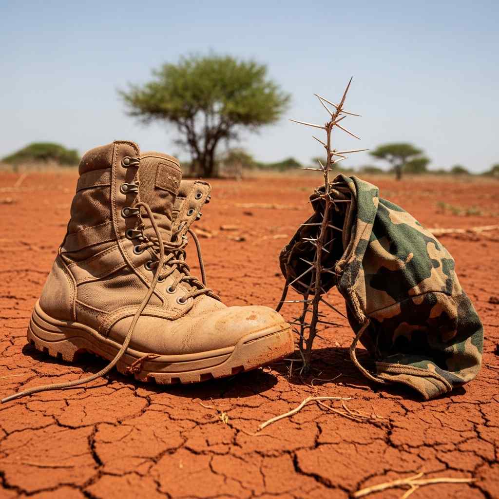 Military boot and camouflage fabric on thorny branch in dry landscape