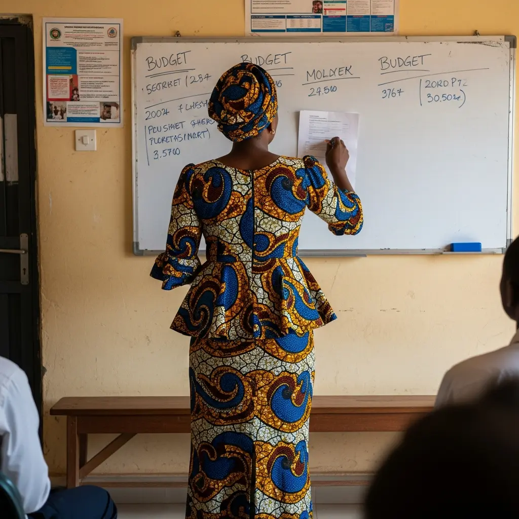 Woman by budget whiteboard in clinic, Kaduna.