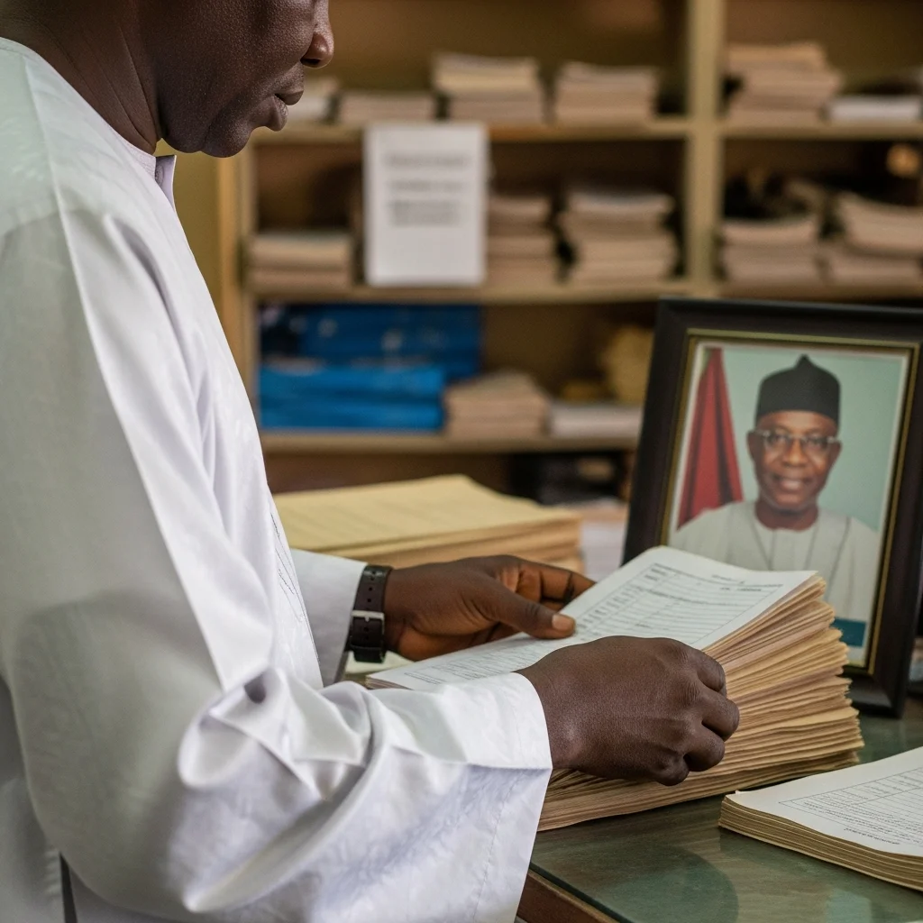 Man counts naira notes in office.