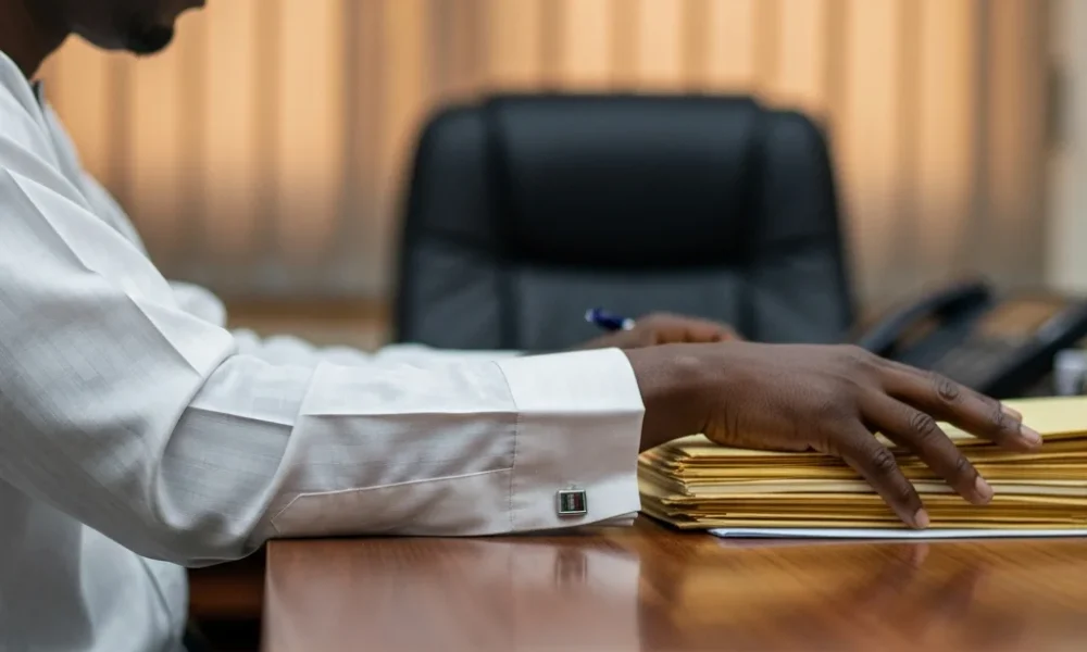 Man in agbada at desk.