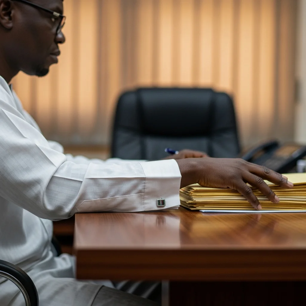Man in agbada at desk.