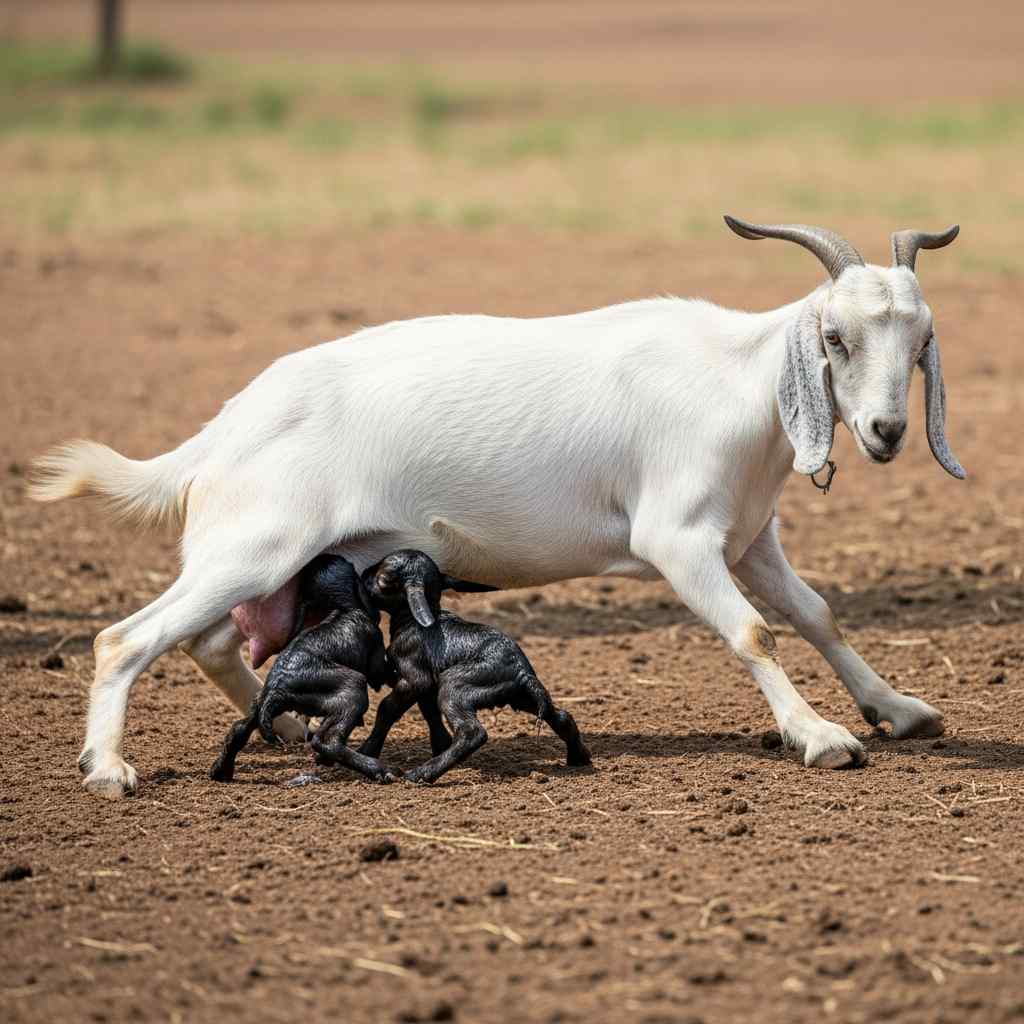 A farmer kneeling beside a newborn goat kid with dark markings on white fur