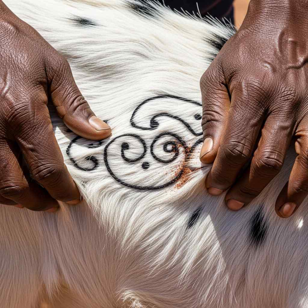Close-up of dark fur markings on a white goat kid held by weathered hands