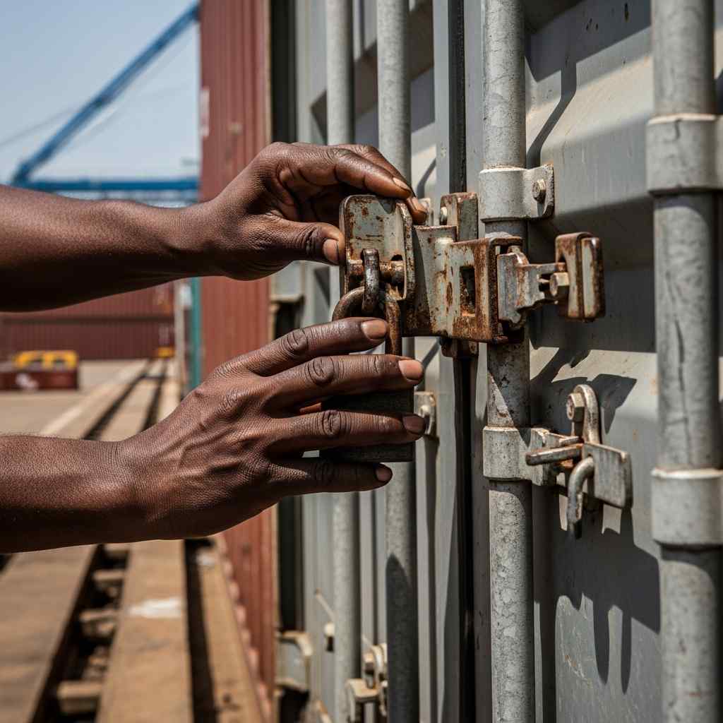 A pair of hands secures the heavy metal lock on a shipping container. The focus is tight. The metal is weathered. This is the last moment of human touch before the container begins its journey across the sea or into the chaos of the port road.