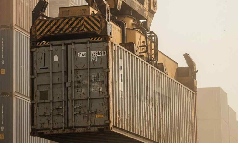 Crane lifting a shipping container at a busy port