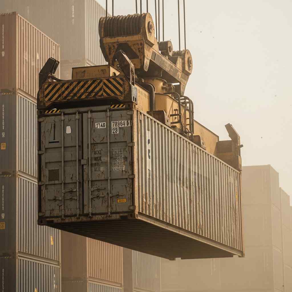 Crane lifting a shipping container at a busy port