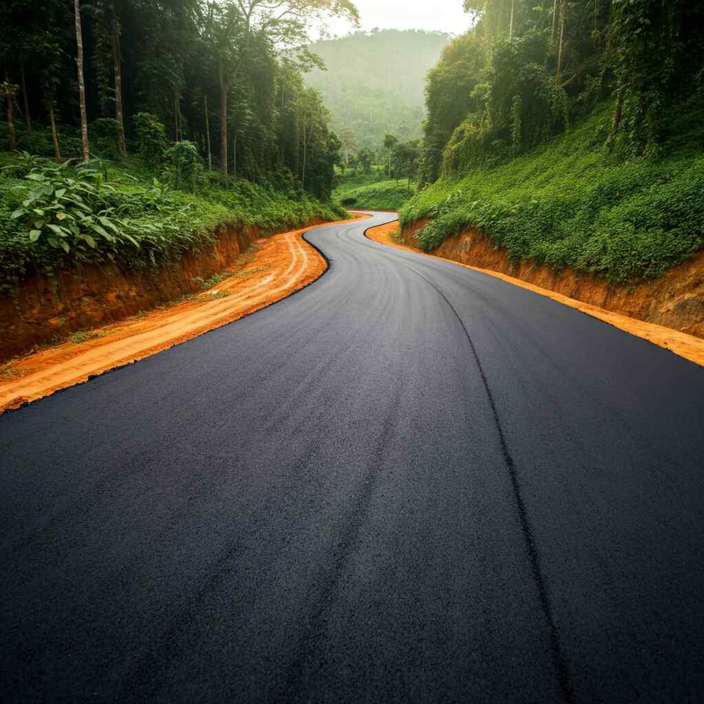 A freshly paved road cuts through a dense green forest. The asphalt is dark and smooth, untouched by potholes. Sunlight filters through the leaves. This road connects a village that was once cut off during the rainy season.