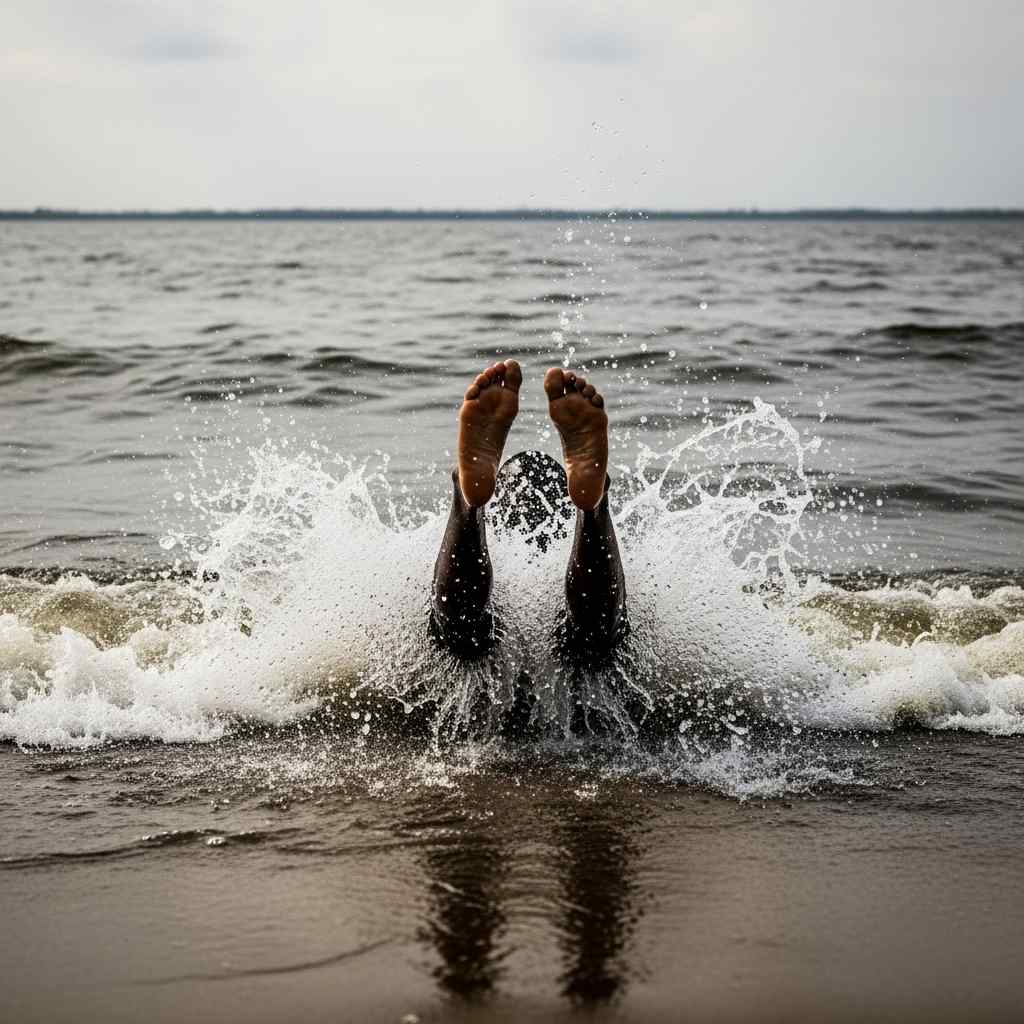 Hands reaching toward an orange lifebuoy in dark water