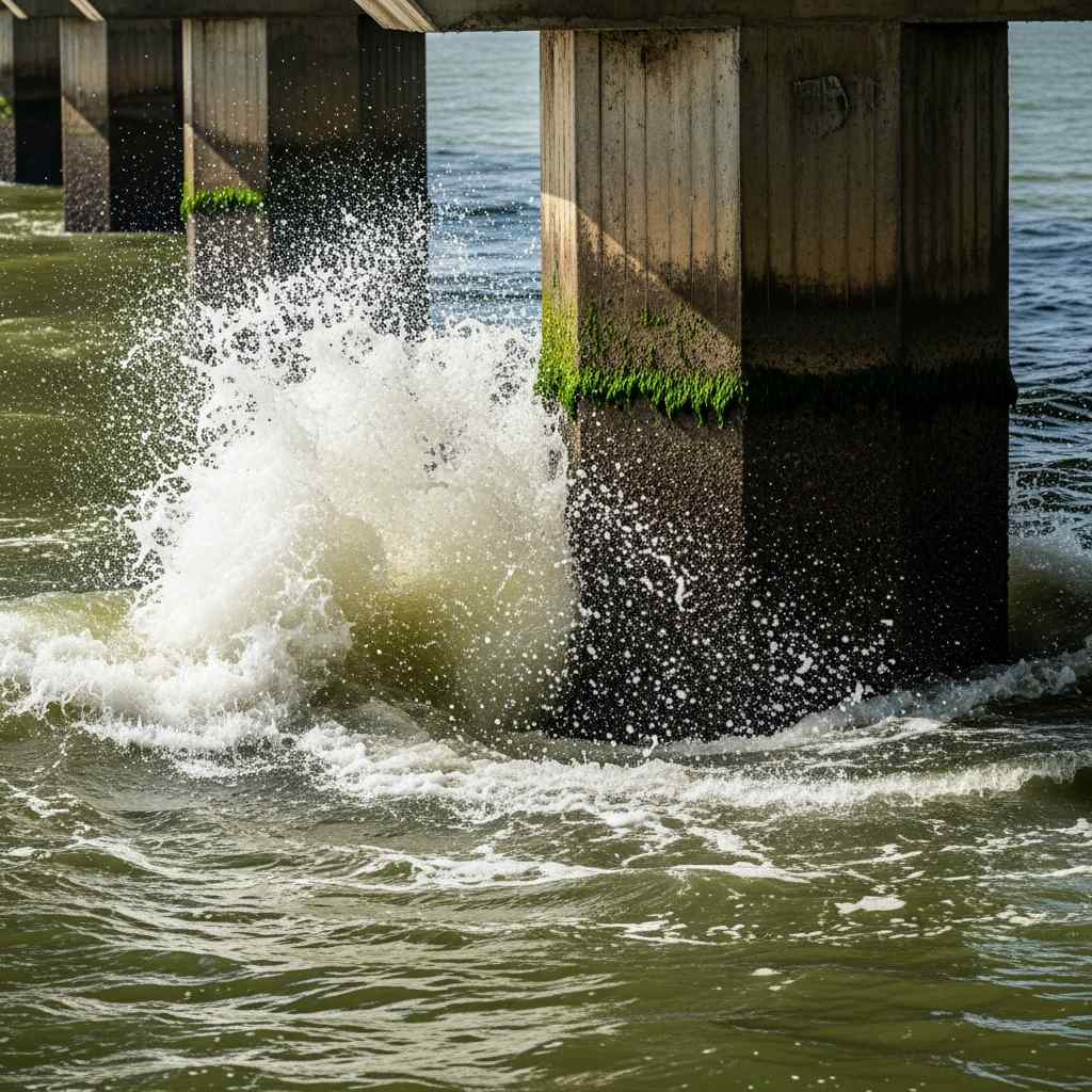 Green water and white foam swirling against a mossy concrete bridge pillar