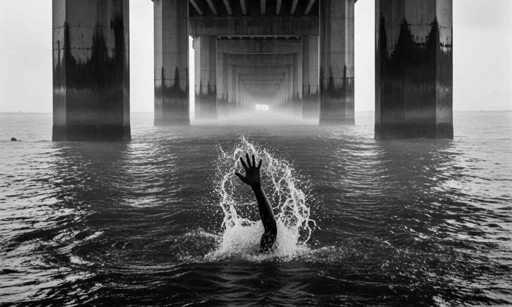 A silhouette hand reaching out, swirling water concrete bridge pillars