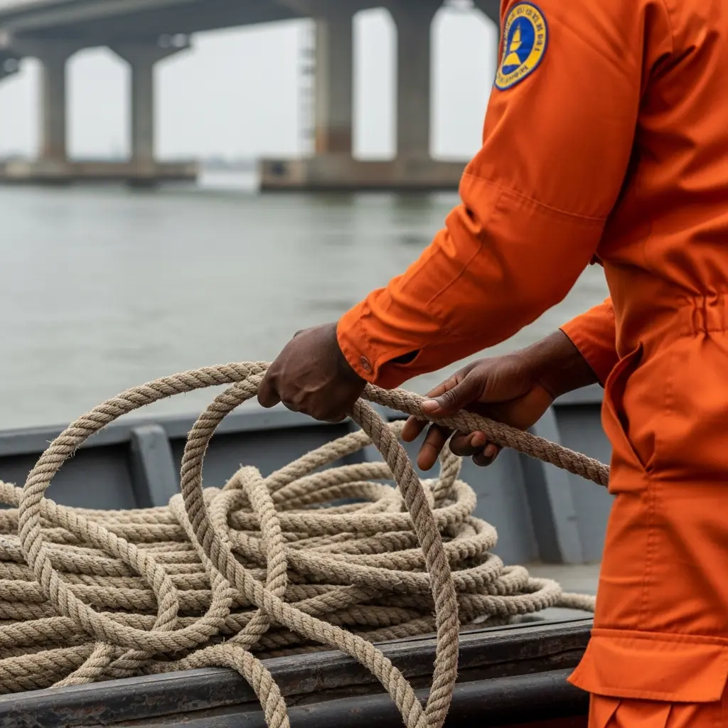 Rescuer coils rope on boat. Lagos lagoon, Third Mainland Bridge behind.