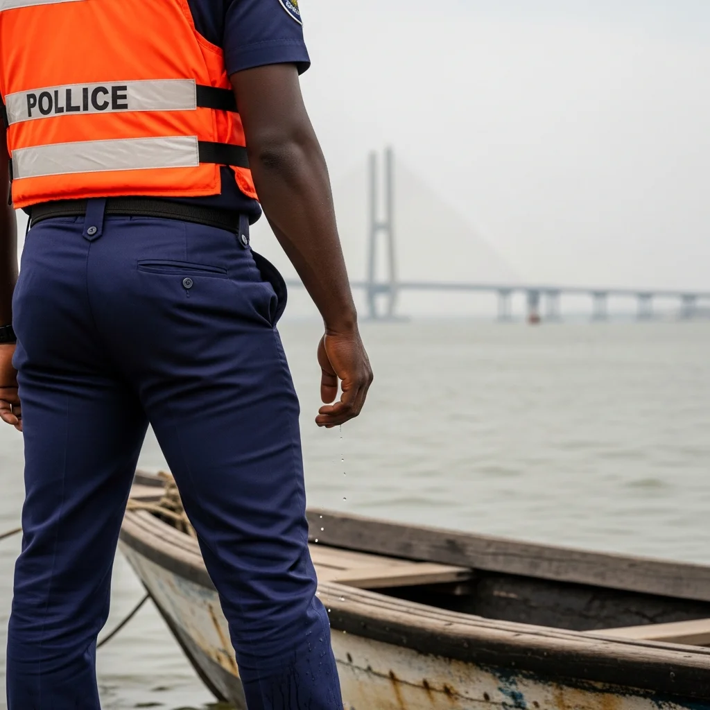 Marine police near boat. Third Mainland Bridge hazy background.
