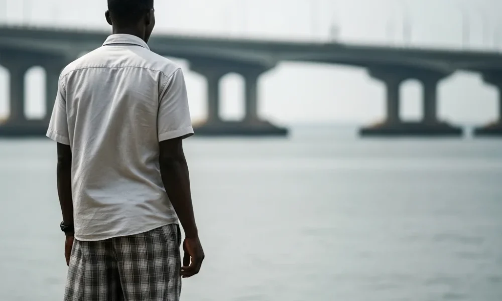 Person looks at Lagos Lagoon; Third Mainland Bridge in soft focus.