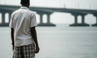 Person looks at Lagos Lagoon; Third Mainland Bridge in soft focus.