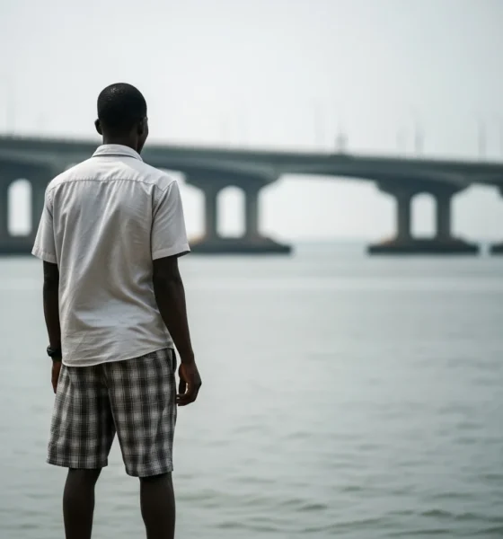 Person looks at Lagos Lagoon; Third Mainland Bridge in soft focus.