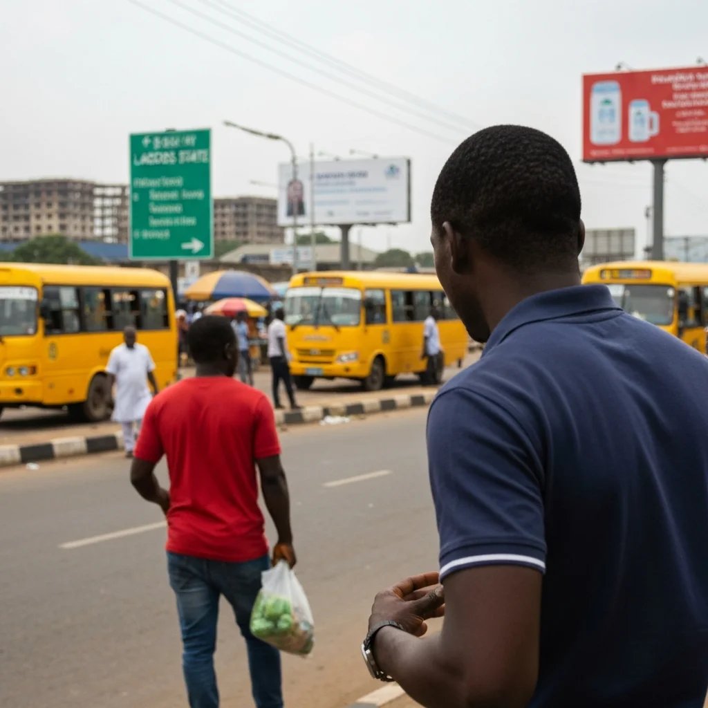 Lagos street activity. Buses, vendors.