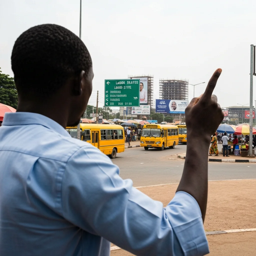 Lagos street buses, vendors, signs.