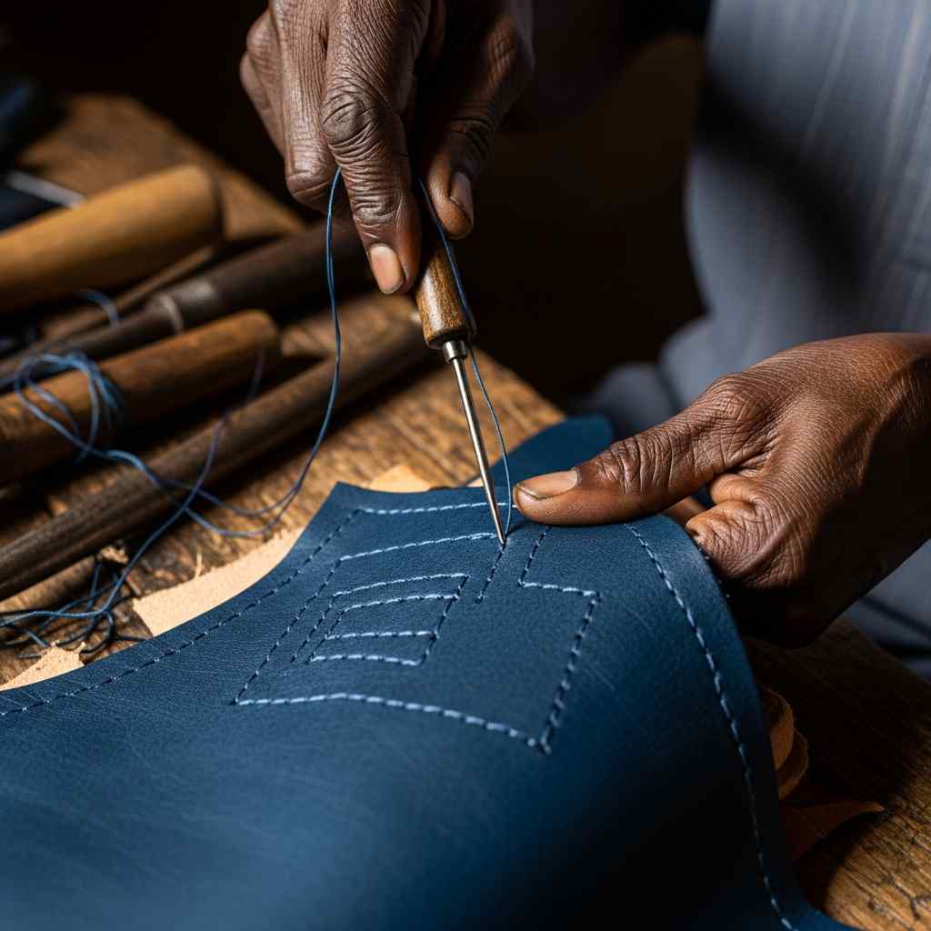 Hands stitching complex patterns into dark leather with a needle and thread